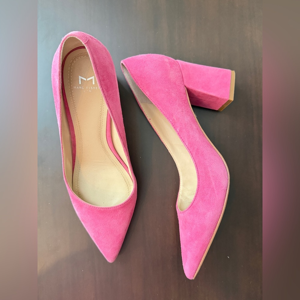 Marc Fisher pink suede Zala block heel pointy toe pump.